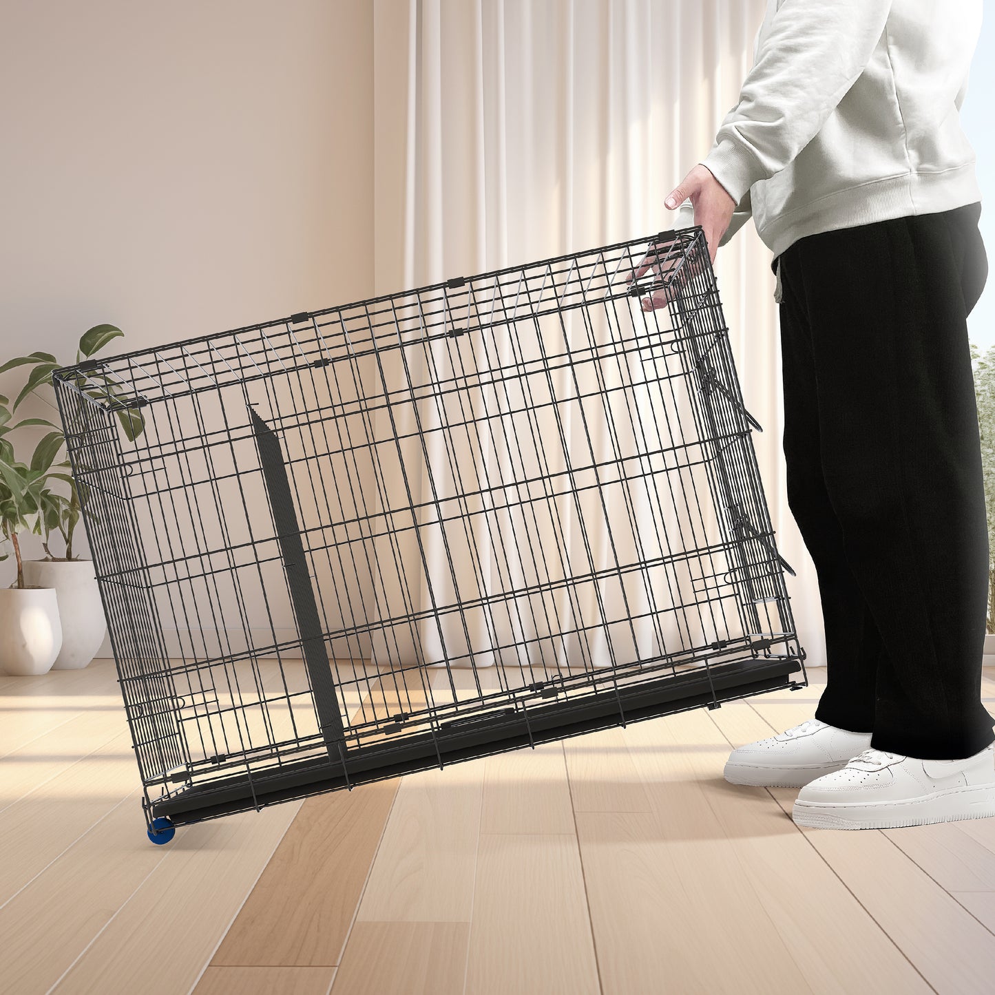 PETS TUFF Great CRATES 36” Large Dog Crate, 42” X-Large Dog Crate, 48” XX-Large Dog Crate - Durable Leaf-Proof Tray - Foldable, Carry Handle & Wheels for Easy Moving-One Door Dog Cage