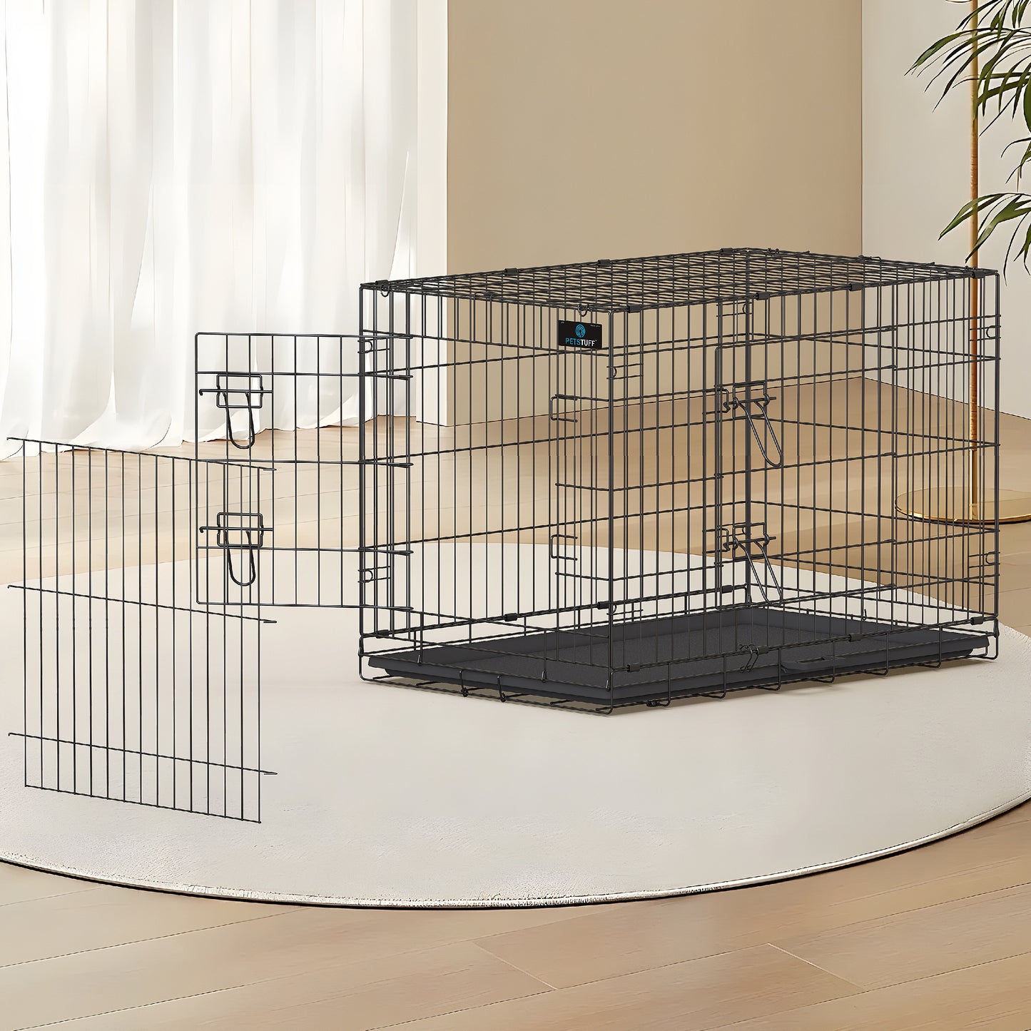 PETS TUFF Great CRATES 36” Large Dog Crate, 42” X-Large Dog Crate, 48” XX-Large Dog Crate - Durable Leaf-Proof Tray - Foldable, Carry Handle & Wheels for Easy Moving-One Door Dog Cage