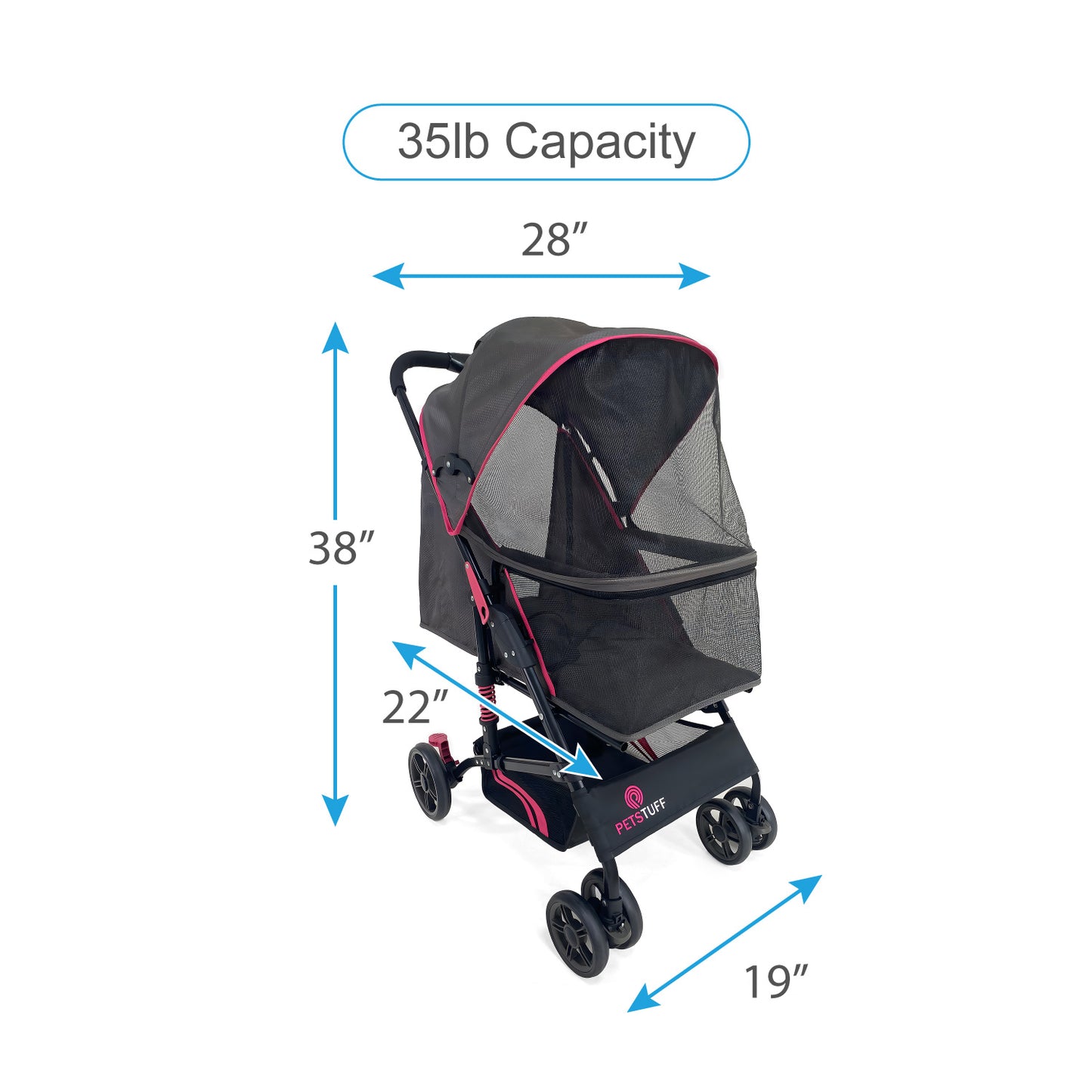 22” Buddy Buggies Foldable Pet Stroller - Shock Absorbing Frame with Storage - Machine Washable Fabric - Durable Mesh & UV Protected Retractable Canopy - Cat & Dog Stroller Up to 30lb