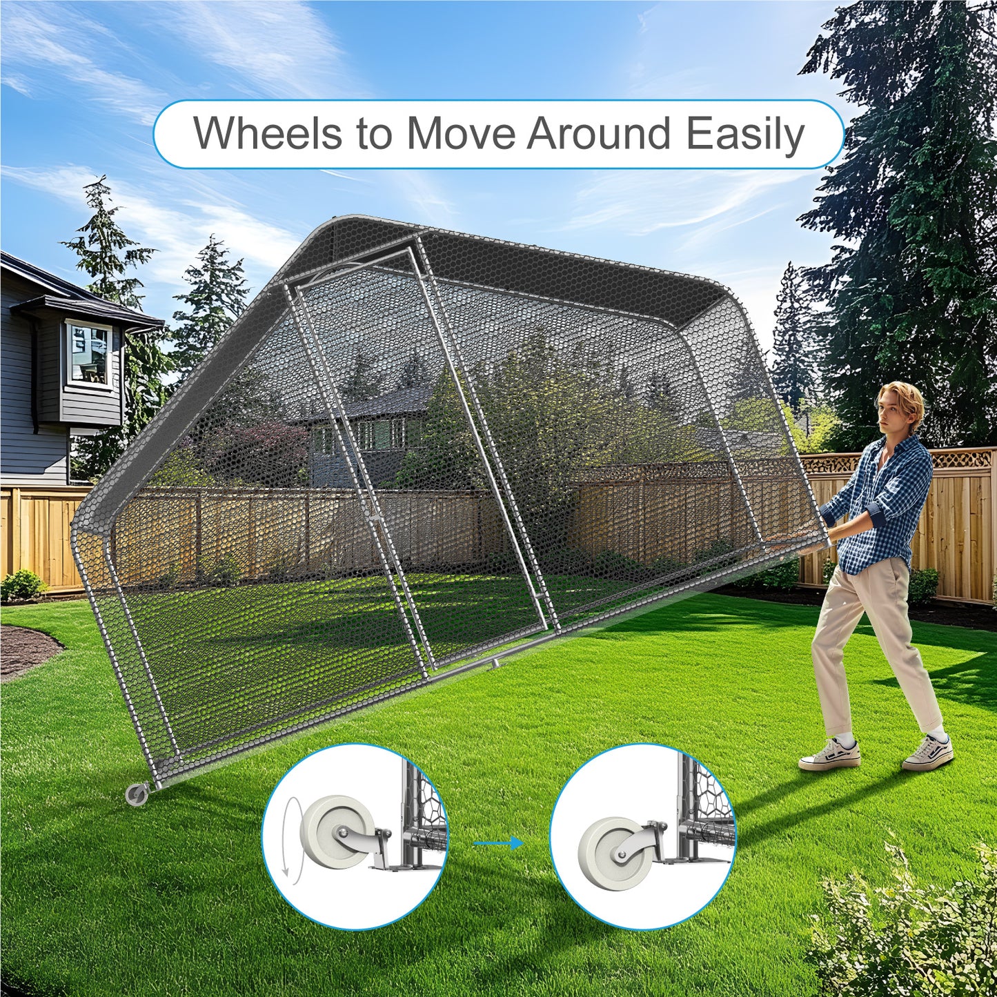 PETS TUFF Chicken Chalet - Chicken Coop for Chickens, Ducks, Rabbits & More - Predator-Resistant, Strong Wire with Mesh Bottom - Wheels for Easy Moving - Wind & Snow Durable Chicken Pen - 124” x 81” x 79”