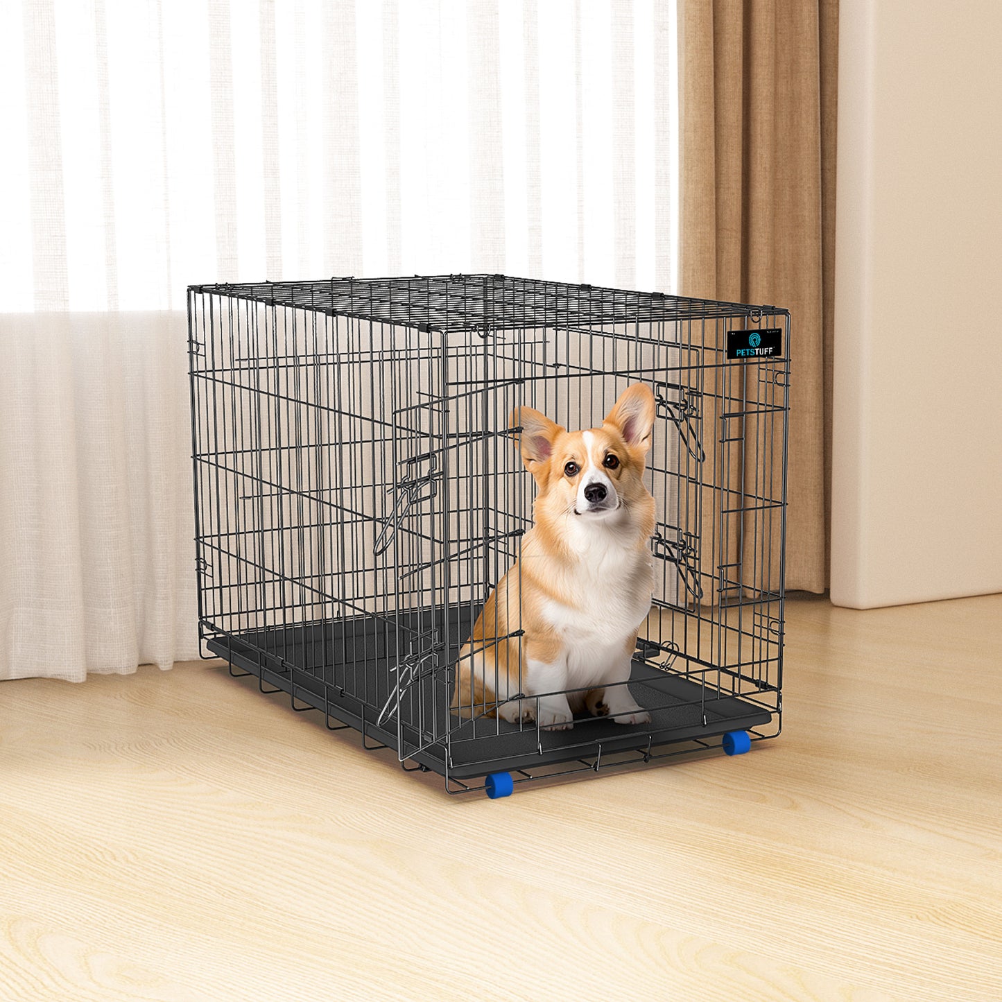 PETS TUFF Great CRATES 36” Large Dog Crate, 42” X-Large Dog Crate, 48” XX-Large Dog Crate - Durable Leaf-Proof Tray - Foldable, Carry Handle & Wheels for Easy Moving-2 Door Dog Cage