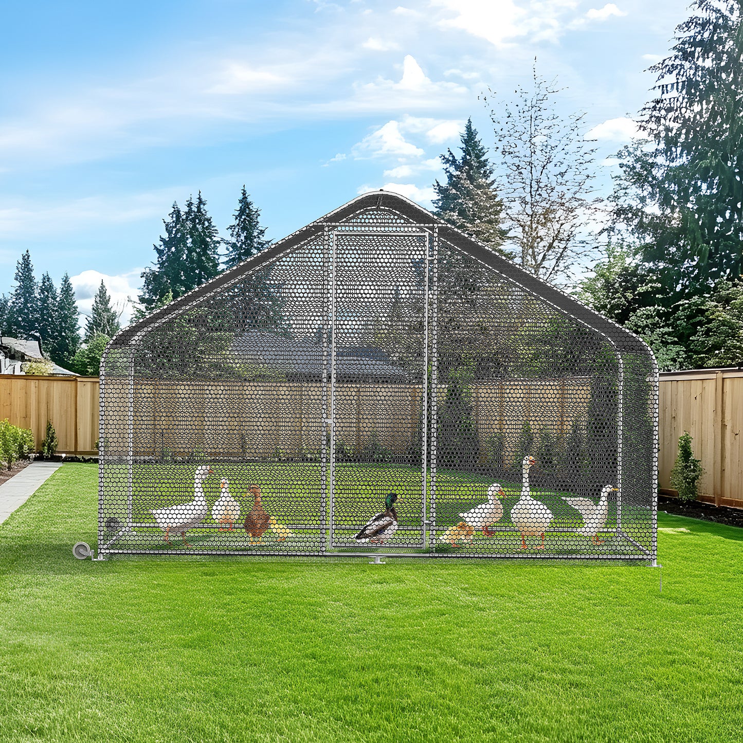 PETS TUFF Chicken Chalet - Chicken Coop for Chickens, Ducks, Rabbits & More - Predator-Resistant, Strong Wire with Mesh Bottom - Wheels for Easy Moving - Wind & Snow Durable Chicken Pen - 124” x 81” x 79”