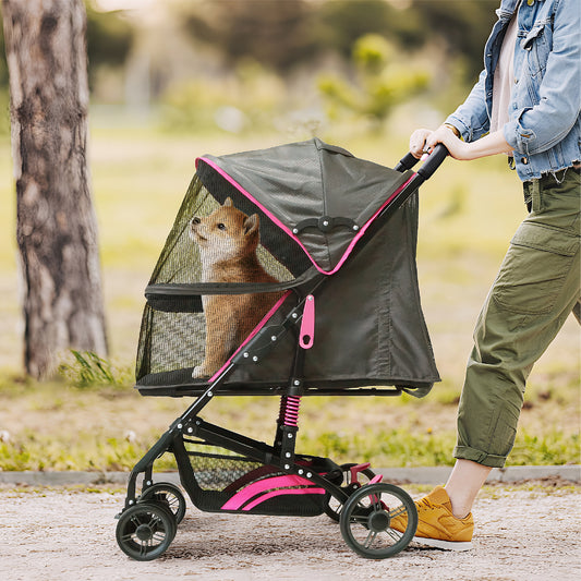 27.2” Buddy Buggies Foldable Pet Stroller - Shock Absorbing Frame with Storage - Machine Washable Fabric - Durable Mesh & UV Protected Retractable Canopy - Cat & Dog Stroller Up to 60lb