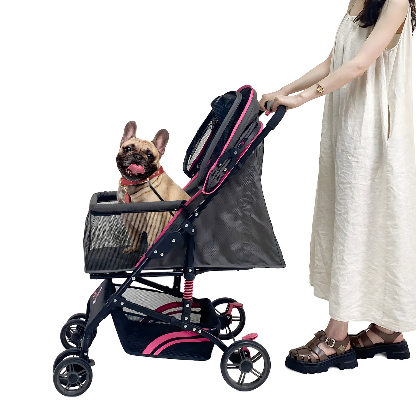 27.2” Buddy Buggies Foldable Pet Stroller - Shock Absorbing Frame with Storage - Machine Washable Fabric - Durable Mesh & UV Protected Retractable Canopy - Cat & Dog Stroller Up to 60lb