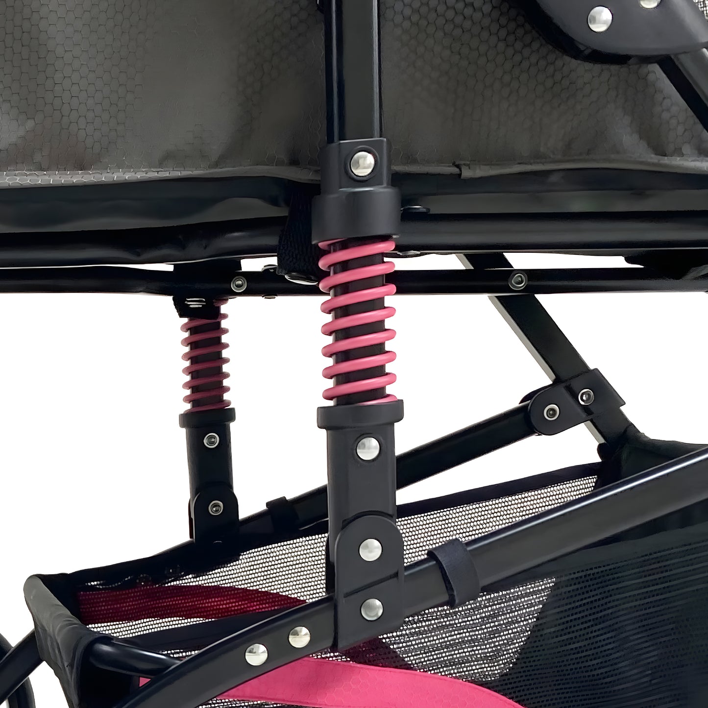 27.2” Buddy Buggies Foldable Pet Stroller - Shock Absorbing Frame with Storage - Machine Washable Fabric - Durable Mesh & UV Protected Retractable Canopy - Cat & Dog Stroller Up to 60lb
