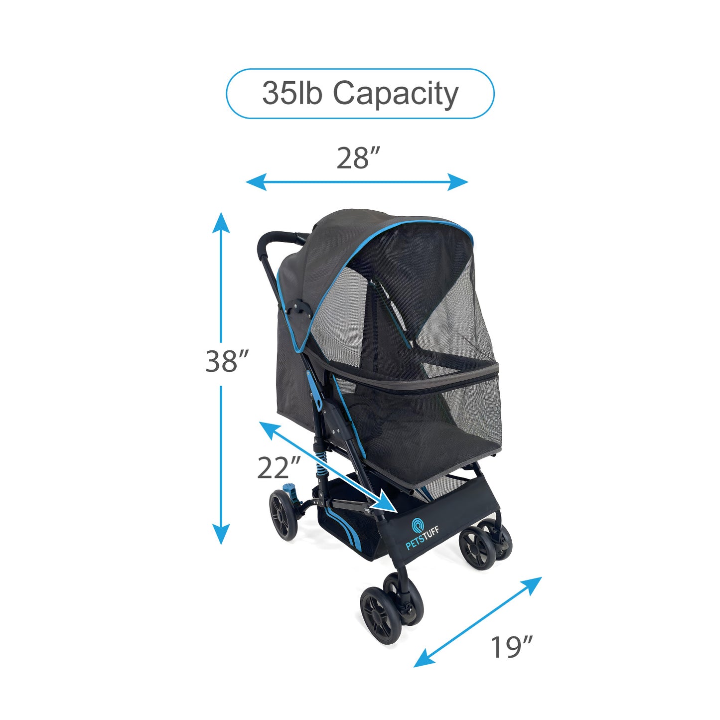 22” Buddy Buggies Foldable Pet Stroller - Shock Absorbing Frame with Storage - Machine Washable Fabric - Durable Mesh & UV Protected Retractable Canopy - Cat & Dog Stroller Up to 30lb