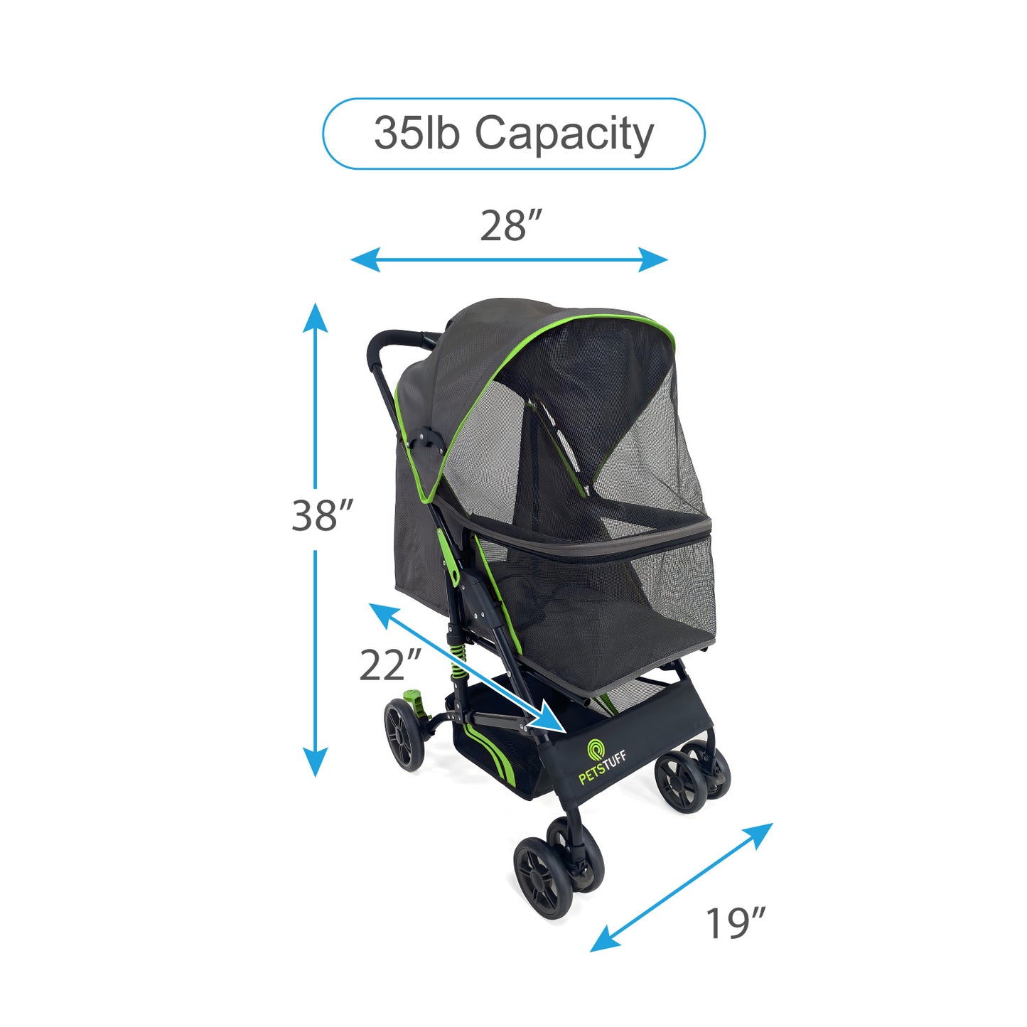 22” Buddy Buggies Foldable Pet Stroller - Shock Absorbing Frame with Storage - Machine Washable Fabric - Durable Mesh & UV Protected Retractable Canopy - Cat & Dog Stroller Up to 30lb