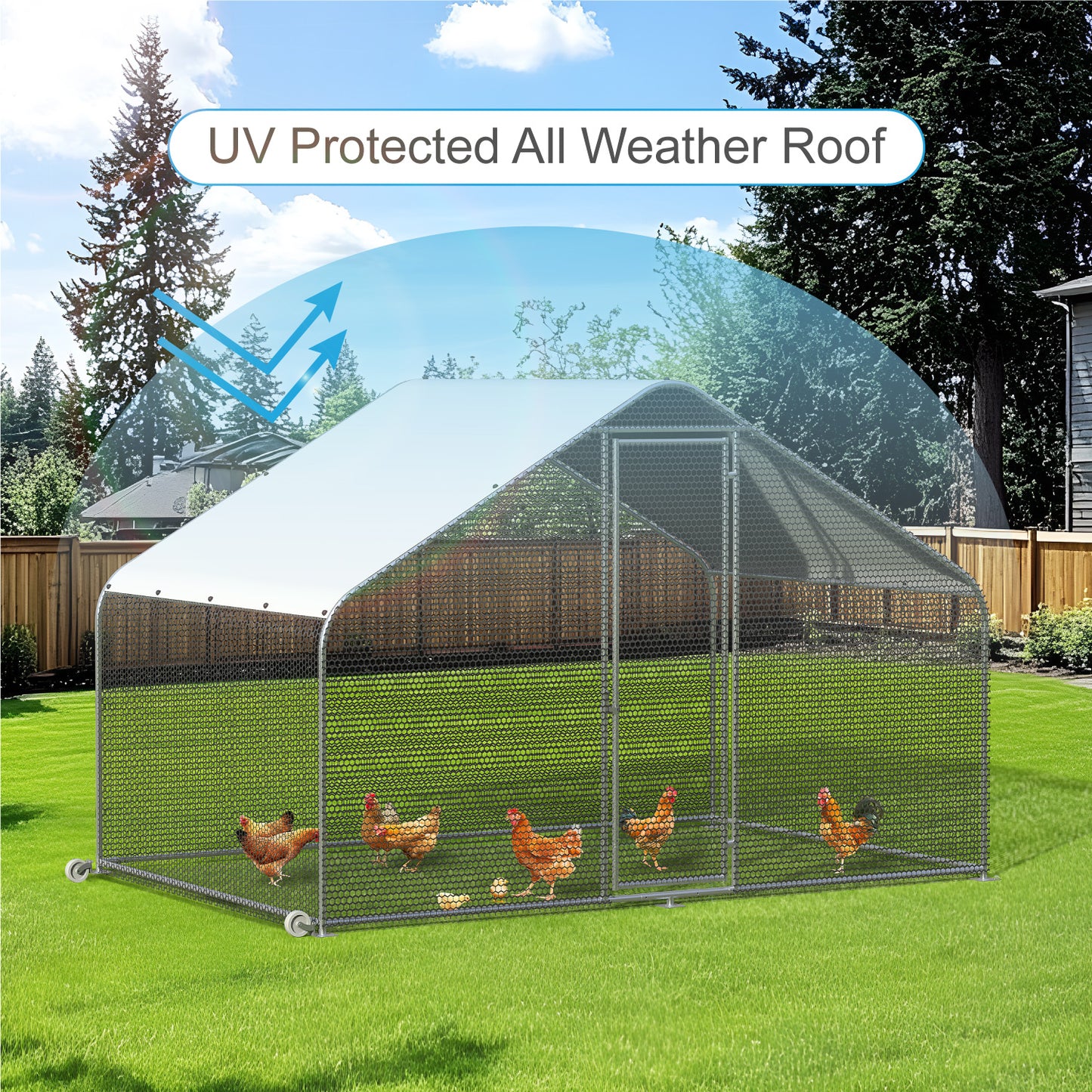 PETS TUFF Chicken Chalet - Chicken Coop for Chickens, Ducks, Rabbits & More - Predator-Resistant, Strong Wire with Mesh Bottom - Wheels for Easy Moving - Wind & Snow Durable Chicken Pen - 124” x 81” x 79”