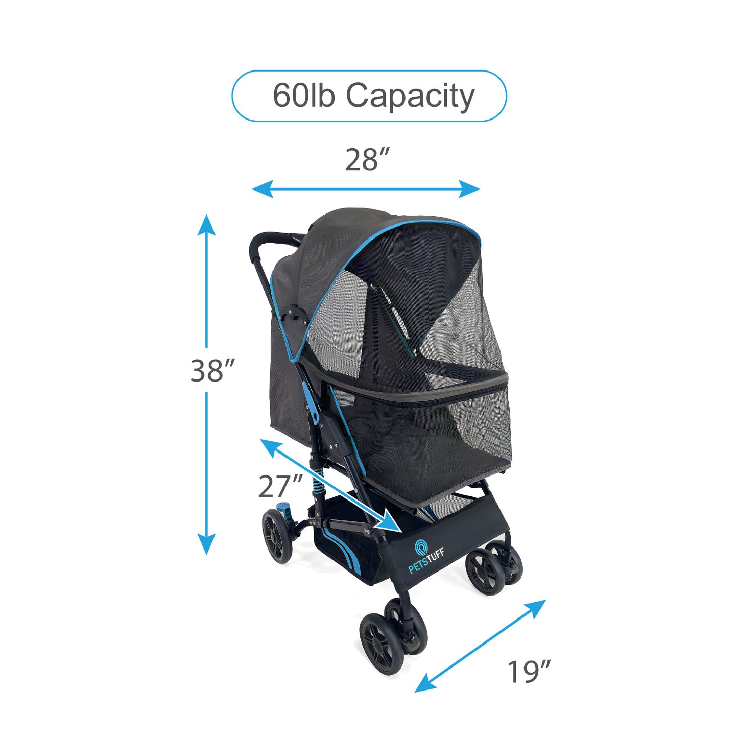 27.2” Buddy Buggies Foldable Pet Stroller - Shock Absorbing Frame with Storage - Machine Washable Fabric - Durable Mesh & UV Protected Retractable Canopy - Cat & Dog Stroller Up to 60lb