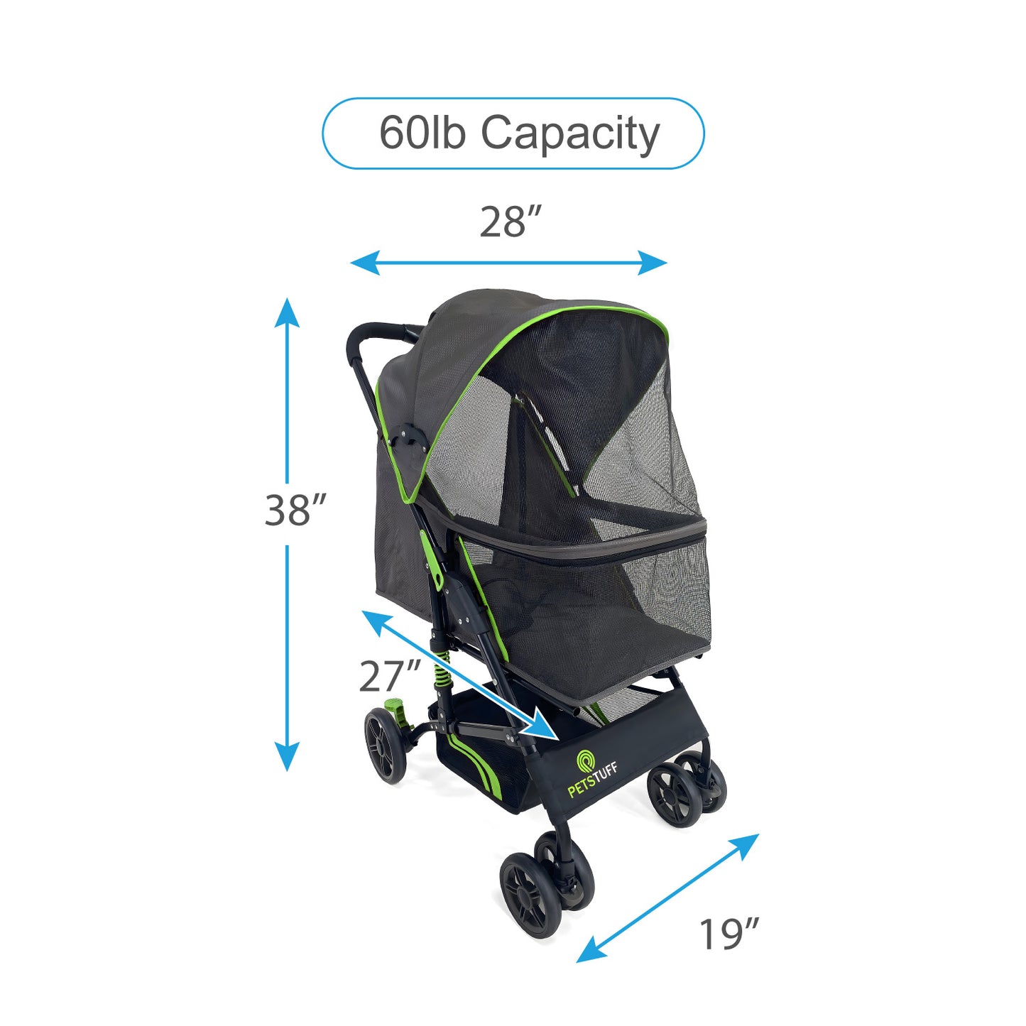 27.2” Buddy Buggies Foldable Pet Stroller - Shock Absorbing Frame with Storage - Machine Washable Fabric - Durable Mesh & UV Protected Retractable Canopy - Cat & Dog Stroller Up to 60lb