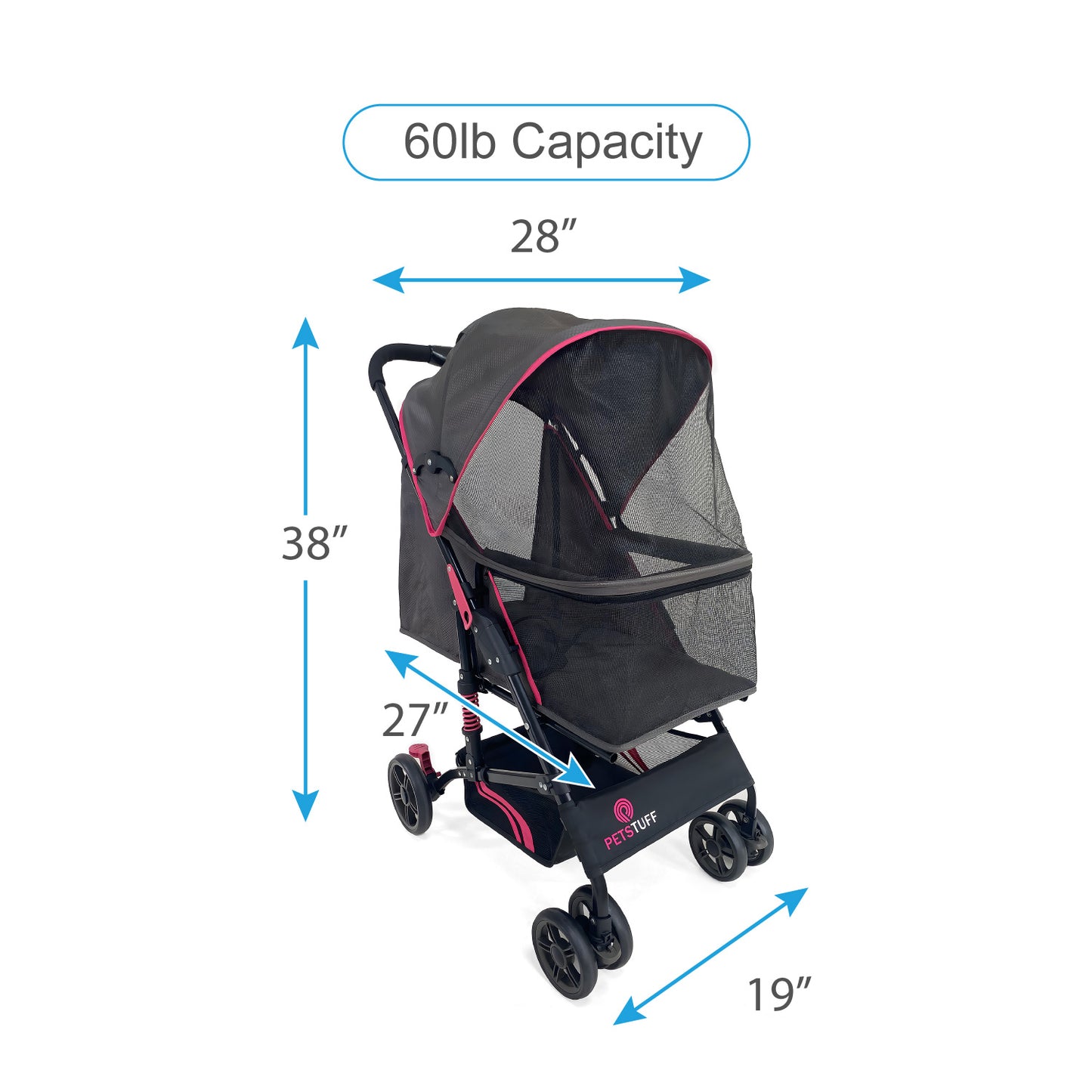 27.2” Buddy Buggies Foldable Pet Stroller - Shock Absorbing Frame with Storage - Machine Washable Fabric - Durable Mesh & UV Protected Retractable Canopy - Cat & Dog Stroller Up to 60lb